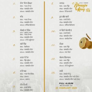 Sarabjit Cheema Instagram - 13 ਗੀਤ ਤੁਹਾਡੀ ਝੋਲੀ ਚ ਪਾ ਰਹੇ ਹਾਂ 🙏🏼
Presenting you the SONG LIST of Bhangre Da King 

Full Album releasing on February 15th

Music Producers: @amanhayer1 @laddigill_ @madmix._ @tejwantkittu @princeghumanofficial @karanprincemd @rskaushikmusic 

Featuring: @gurlejakhtarmusic 

Lyricists: @sarbjitcheemaofficial @benipaldevinder @bhatti.bhariwala @rajakhela1 @farmaan11 #jasvirsangha #bikkarbai 

Video Director: @avexdhillon @sukhhdhillon @gurvarcheema @gurysekhonfilms #ravinderranguwal 

Media Partners: @eypcreations @sardaarsaabdesigns @theridealongmedia @rs.photography28 @ranglapunjabartsacademy 

Special Thanks: @kamaldip_kahma_ @bikramscheema @jellymanjitpuri @princechoreographerpatiala @aamir_shahmurad @jaysonsingh5503 @iparasdeep @gunitpal.singh.luthra  #runners bySangroor #PaulBhangu #JyotiSahota #SonuPardhan