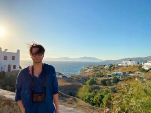 Sarah Dugdale Instagram - Greece 
1- Most content on or near the water. 
2- A man I’m quite fond of.
3- Happy. 
4- Heraklion Archeological Museum. 
5- Agia Pelagia, Crete. 
6- A meal in the mountains at Ntounias farm. 
7- Windy Mykonos. 
8- Me in the sea. 
9- A beach. 
10- A Santorini sunset.