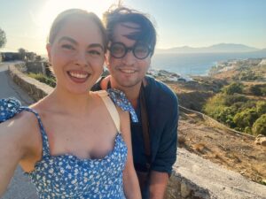Sarah Dugdale Instagram - Greece 
1- Most content on or near the water. 
2- A man I’m quite fond of.
3- Happy. 
4- Heraklion Archeological Museum. 
5- Agia Pelagia, Crete. 
6- A meal in the mountains at Ntounias farm. 
7- Windy Mykonos. 
8- Me in the sea. 
9- A beach. 
10- A Santorini sunset.