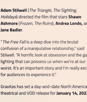 Shawn Ashmore Instagram - Excited for our film #thefreefall to be getting a theatrical and digital release in January! Proud of the work we did on the one! @adamstilwelll @andreamlondo @janebadlerworld and many many more!!