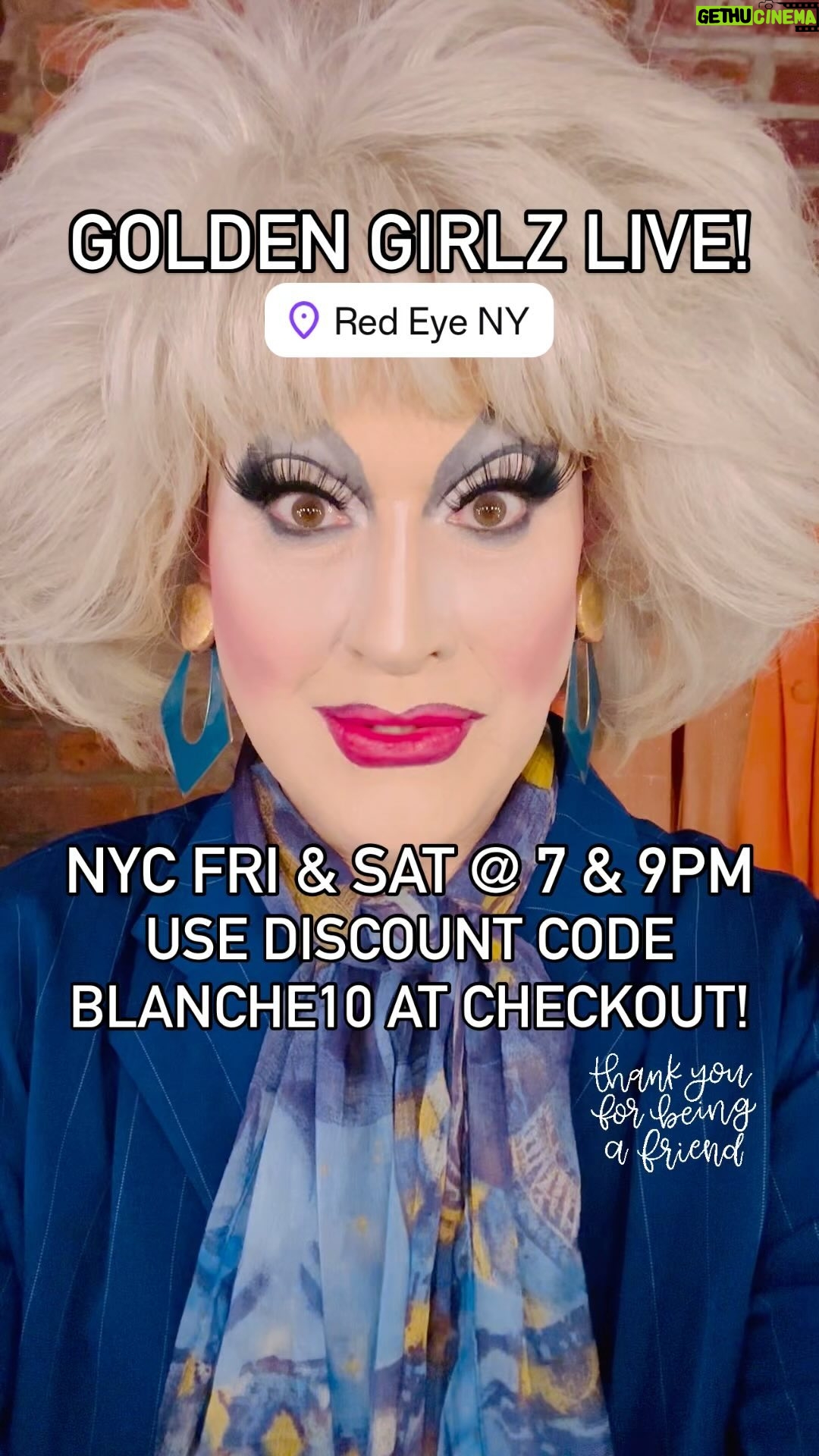 Sherry Vine - 223 Likes - NYC! Tonight & tomorrow, Friday & Saturday, it’s THE GOLDEN GIRLZ LIVE! 7PM & 9PM at @redeye_ny! Starring myself, @misssherryvine, @kellymantle, @thesampancake, @gayunclemario2 & a stuffed dog! Use discount code BLANCHE10 at checkout! Thank you for being a friend… 🍰