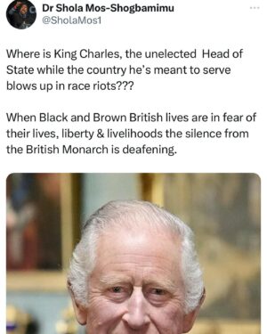Shola Mos-Shogbamimu Instagram - King Charles clearly understands his assignment. Black and Brown British lives don’t matter.