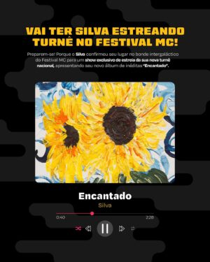 Silva Instagram - O dia 18 de agosto ficará para a história!🩷

Silva, nosso talento capixaba, vai apresentar o seu novo álbum ‘Encantado’, no palco do Festival MC. Aproveitem para conhecer o seu disco novo, chegar sabendo todas e fazer muito bonito no nosso Festival.🪐👩🏾‍🚀

O álbum Encantado tem melodias que vão fazer do Festival Movimento Cidade uma jornada celestial de emoções. Quem aí está pronto para curtir o show com a gente?🤩

O 6º Festival Movimento Cidade tem patrocínio master da Petrobras (@petrobras) através do Programa Petrobras Cultural. Conta com o patrocínio do Nubank (@nubank), do Instituto Cultural Vale (@institutoculturalvale) e da ArcelorMittal (@arcelormittaltubarao). Foi fomentado pelo Programa Funarte (@funarte) de Apoio a Ações Continuadas 2023 - Eventos Artísticos Calendarizados. Tem Co-produção da Triz Comunicação e Cultura. Projeto realizado com recursos da Lei de Incentivo à Cultura Capixaba (LICC), da Secretaria da Cultura e Governo do Espírito Santo. É uma realização da MC Projetos Criativos, Ministério da Cultura (@minc) e Governo Federal por meio da Lei Incentivo à Cultura Federal.

@petrobras #Petrobras #PetrobrasCultural #culturagovbr #FestivalMC #MovimentoCidade #AlémdoSudeste #sigaomapamc