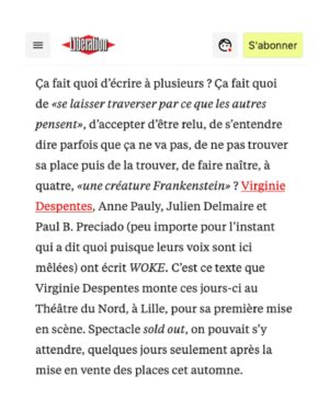 Soa De Muse Instagram - Virginie je n’ai pas de mot pour exprimer ma reconnaissance et mon amour pour toi... Vraiment darling ! Its just the beginning ❤️

C’était WOKE au @theatredunordlille ! 

Mise en scène : Virginie Despentes 

Texte : Julien Delmaire, Virginie Despentes, Anne Pauly (@elleenfiledesperles), Paul B. Preciado

Avec @andres.sasha, @casey___anfalsh, @matagabin, @sorayagarlenq, @itsfelixmaritaud, 
@mascaremascare, @soa_de_muse, @clara__ponsot

Et les élèves de l’ @ecoledunord_lille : @clmnt_bigot, @ambre_g_c, @miyapechillon, @samchemoul
Scénographie @bobeedavid, @leajezequelsceno 

Assistanat à la mise en scène Fatima Ben Bassal
Lumières Stéphane Babi Aubert
Son Jean-Noël Françoise
Décor Les ateliers du Théâtre du Nord