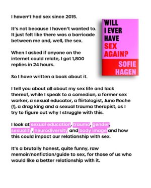 Sofie Hagen Instagram - 🫦 COVER REVEAL! Hardback, audiobook and eBook out on May 23rd. Pre-order now. What a goddamn sexy book.

@blinkpublishing @bonnierbooks_uk #WillIEverHaveSexAgain #HappyValentinesDay