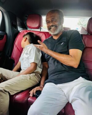 Soundarya Rajinikanth Instagram - My son didn’t want to go to school this morning 🌞… and SUPERHERO THATHA dearest took him to school himself 🤗❤️🤗❤️🤗❤️🤗 you are the best in EVERY ROLE you play .. on and off screen my darling appa 🥰😘🥰😘😍😍😍🥰😘🥰😍😍🥰 #BestGrandfather #BestFather #JustTheBest
