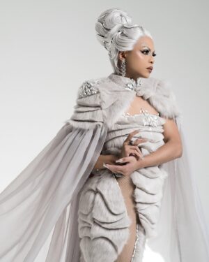 Stephanie Prince Instagram - Category is: Arctic FOXXXY lady! Meet my dog, her name is FOXXXY ANDREWS. She’s literally the inspiration for this look. That’s it. Thats the caption.
•
•
Lewk @_thesukidoll 
Hair @madebymalmas 
Nails @nailed.by.indigo 
Photo @eluvieracosta @masstudiosintl 
Look inspired @lebylemoria 

#canadasdragrace #canadavstheworld