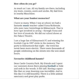 Steven Cree Instagram - My favourite place in Scotland, Kilmarnock.  Thanks @susanswarbrickdimmock and @theheraldscotland for letting me talk about my love for my hometown.  #KTID