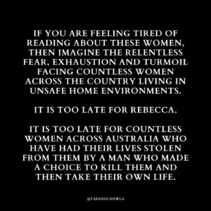 Tarang Chawla Instagram - CN: Violence against women.

THE PROBLEM ISN'T WHETHER WOMEN LEAVE OR STAY. THE PROBLEM IS MEN WHO TREAT WOMEN LIKE CHATTELS.

I'M SORRY, REBECCA. RIP.

#NotOneMoreNiki

Image descriptions in Alt Text.