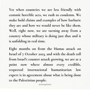 Tarang Chawla Instagram - ALL EYES ON RAFAH

Comments switched off by me. Here’s why👇🏽 

I don’t like turning off the comments on posts, but some people have made threats against others online and I take that very seriously so I have turned off comments. 

I will probably post some resources about how to have a constructive conversation or something, I don’t know, but I’m not going to allow threats against others here. Disagree, but this isn’t the place for violence. 

Sorry. If you want to say something, please feel free to DM me.