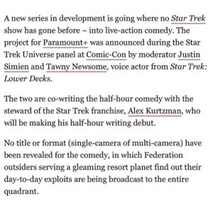 Tawny Newsome Instagram - Shit is crazy. I love @justin_simien and I’m so excited to make more Trek. 

Also there’s no non-insane way to be like “also hey my Dad died and this grief shit is wild.” But I did wear his watch on stage at Hall H when we announced the show and that felt nice. He really loved Star Trek. He told me recently Discovery had surged ahead as his favorite series, which I found to be rude but honest. 

Also Lower Decks has been the joy of my life and I’m so grateful to Mike McMahan for inviting me into this world. Excited to do more with friends new and old.