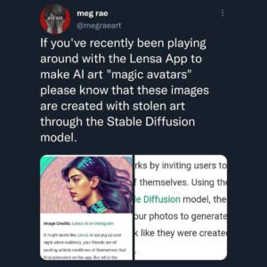 Theo Germaine Instagram - Oh my gosh everyone. I don't give a fuck if lensa sparks gender euphoria - I am learning so much right now that I feel like my head is going to explode! I have taken down my ai reel after doing a lot of reading about the ins and outs of #lensa - sharing this to help educate others about this specific app potentially engaging in art theft.  Please head to the account of @jonlamart and/or @megraeart to understand more about the app - make your decision as to whether or not you want to take yours down to.  I am not trying to shun ai generated art, and don't think it should be, but I do want the voices of visual artists to be heard on this, specifically because of how cheap it is to generate a lot of images versus paying an artist for their work. My understanding of this too now is that issue is also complex, but I wanted to take my images down. I am also so sorry if I offended anybody by posting ai-generated images from Lensa ☺️

Repost from @jonlamart
•
PSA, Lensa, the face app uses Stable Diffusion which is still using Datasets from stolen data and ART all over the internet. This is how it knows how to mimic art styles. It’s unethical, and Big tech is behind this ripping off artists everywhere for $8 a pop. This is what normalizing data/art thievery looks like. It’s malicious apps disguised as fun trends. If you are an artist, or truly appreciate us, Stop messing with this .

#aiart #lensa #artheft #artcommunity #stablediffusion #stolendata #art #illustration #instaart 

Post taken from @megraeart