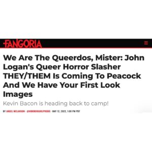 Theo Germaine Instagram - Our new movie They-slash-Them from the one and only @Blumhouse is streaming August 5 on @PeacockTV 

Kevin Bacon plays Owen Whistler in this slasher horror film set at an LGBTQIA  conversion camp. Several queer and trans campers join Whistler for a week of programming intended to “help them find a new sense of freedom”. As the camp’s methods become increasingly more psychologically unsettling, the campers must work together to protect themselves. When a mysterious killer starts claiming victims, things get even more dangerous.

Theo Germaine (they/them) plays Jordan, a transgender and non-binary camper from a religious background who has made a deal with their parents to legally emancipate if attending Whistler doesn’t “work.”

Quei Tann (she/her) plays Alexandria, a transgender woman whose parents have threatened to kick her out of the house if she didn’t attend the camp.

Austin Crute (he/him) plays Toby, a gay camper who negotiated with his parents for a trip to New York in exchange for a week at Whistler Camp.

Monique Kim (she/her) plays Veronica, a bisexual camper who wants to stop fighting who she really is. 

Anna Lore (she/her) plays Kim, a closeted lesbian camper who puts on a perfectly crafted front for her family and friends, assuming that when she fits in, she’ll finally be loved. 

Cooper Koch (he/him) plays Stu, a jock with aspirations of a swim scholarship and joining his father’s fraternity - things he doesn’t feel he can achieve if he’s open about being gay. 

Darwin del Fabro (he/him) plays Gabriel, a sensitive gay camper tired of the persistent name-calling and bullying he’s endured his entire life. 

They/Them marks three-time Oscar-nominated screenwriter John Logan's (Skyfall, Gladiator, The Aviator) directorial debut. “I wanted to make a movie that celebrates queerness, with characters that I never saw when I was growing up. When people walk away from the movie, I hope they're going to remember the incredible love that these kids have for each other and how that love needs to be protected and celebrated.”

Photos by: @filmstring