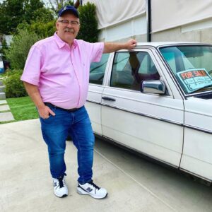 Tim Hooper Instagram - Practicin my modelin pose. Also, this ‘82 Mercedes is for sale. It ain’t mine but @chattypilot loves to negotiate and is always lookin for a good deal... 😂 (if y’all knew him you’d laugh at that one!) #carforsale #mercedes #timhooper #stayhome #malemodel #plussizemodel #bigboyseason #modelbear #mustachesofinstagram
