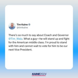 Tim Kaine Instagram - There’s so much to say about Coach and Governor @TimWalz. What a guy—he will stand up and fight for the American middle class. I’m proud to stand with him and cannot wait to vote for him to be our next Vice President.