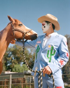 Todd Smith Instagram - Cowboy Clown @todderic ⭐️
Photographer: @carianneolder 
Producer: @polderexpress
Videographer: @bysammismith
Makeup: @downtoclownmakeup
Stylist: @brandenruiz
Custom suit: @stonedbymegs
Boots: @pskaufman 
Location: @lilbarnridingschool
Shot on @kodakprofessional #kodak200