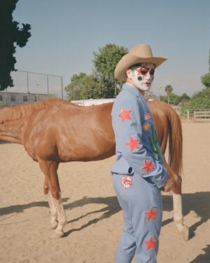 Todd Smith Instagram - Cowboy Clown @todderic ⭐️
Photographer: @carianneolder 
Producer: @polderexpress
Videographer: @bysammismith
Makeup: @downtoclownmakeup
Stylist: @brandenruiz
Custom suit: @stonedbymegs
Boots: @pskaufman 
Location: @lilbarnridingschool
Shot on @kodakprofessional #kodak200