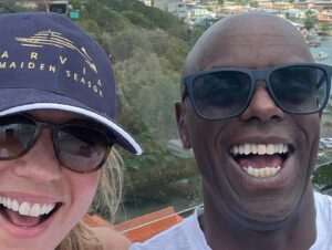Trevor Nelson Instagram - Having a laugh with my Co host @djsaracox on a Carribean tour. Sunshine,sea and scenery. What’s not to love #arvia #boat pics courtesy of Sam Pelly