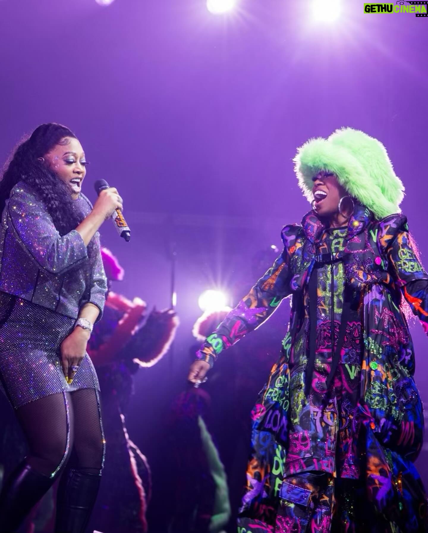 Trina - 35K Likes - Thank you Missy for such an amazing experience on your #OutOfThisWorldTour 💜💫 🌎 I’m so proud of you .. Keep continuing to shine like the true LEGEND you are. Love you Beyond 🙏🏽 ( make sure yall catch the tour in ya city 🏙️) @missymisdemeanorelliott