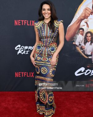 Vanessa Rubio Instagram - Time to celebrate the first 5 episodes of @cobrakaiseries S6 💛 I felt like a bejeweled artwork in this amazing dress by Indonesian designer @sebastiangunawanofficial with exquisite @martinkatzjewels to top it off. Thank you MUA: @reneeloizmakeup Hair: @stevenmasonlife Styling: @lindamedvenestyling