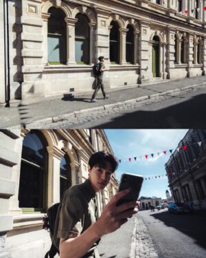 Wu Duke Instagram - 忙裏偷閒當一個背包客，走走看看那些在Oamaru保存下來屬於Victorian era 的美麗。
真心覺得這邊應該控管，不要讓一般車輛進入，完全破壞了這麼美好的街道。

一整套綠色意外跟這邊的門完美搭配🤩謝謝 @arcticfox_tw