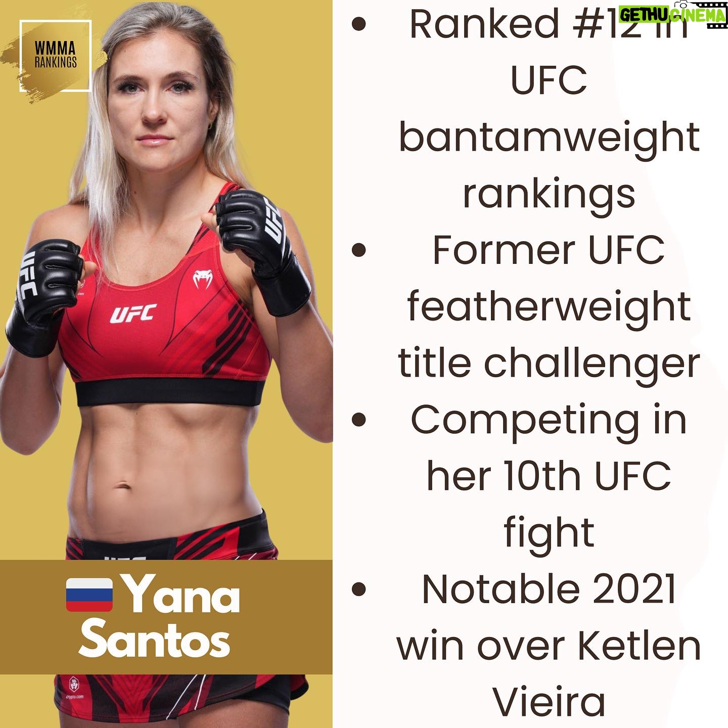 Yana Santos - 443 Likes - The “Foxy” Russian 🇷🇺 Yana Santos returns this Saturday at #UFCVegas95, looking to defend her #12 bantamweight ranking against #14 Chelsea Chandler.
SWIPE for a look back at her notable win over top-ranked contender Ketlen Vieira. #WMMA #UFC