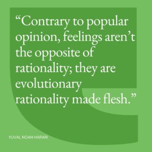 Yuval Harari Instagram - What’s the connection between feelings and rationality? 
Scientific insights into the way our brains and bodies work suggest that our feelings are not some uniquely human spiritual quality. They are biochemical mechanisms that all mammals and birds use to make decisions, by quickly calculating probabilities of survival and reproduction. 
So feelings are not the opposite of rationality: they are our body’s evolutionary rationality. 
#YuvalNoahHarari #Rationality #Feelings #biology