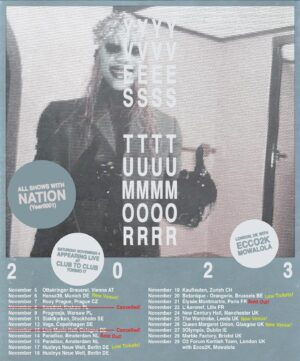 Yves Tumor Instagram - Please note venue changes in Munich, Leeds, Glasgow and cancellations in Krakow & Cologne beyond our control . Refunds for cancelled shows will be granted at original points of purchase. Krakow ticket holders please stay tuned for more information on refund directions. 

We appreciate your support and look forward to seeing you this Fall in Europe and the UK! 

https://yvestumor.info/tour/