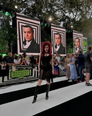 Abby Roberts Instagram - if you’d have told 10 year old abby she’d get to go to the @beetlejuicemovie premiere i’m pretty sure she’d be screaming crying throwing up, i can’t believe i was so lucky to be invited to watch the new beetlejuice movie & take part in a bunch of activities including meeting my favourite director of all time 🥹 my inner child is so happy thank you @warnerbrosuk for making my wildest dreams come true🖤🪲