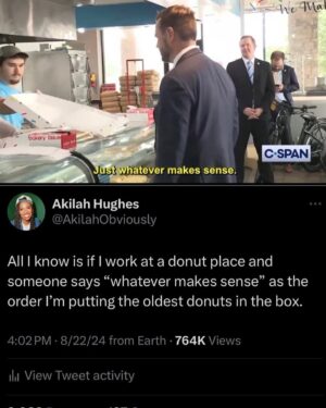 Akilah Hughes Instagram - It’s clear this man has never bought a box of donuts for coworkers or family because what? This was also after he told that woman “the zoo is coming to town.” He’s a flop, idk why they keep trotting him out. 🍩