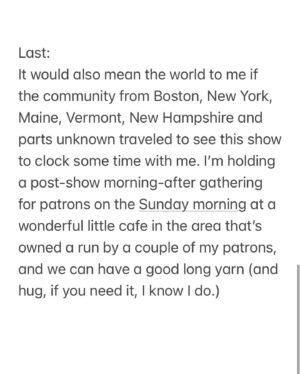 Amanda Palmer Instagram - Doing the asking. I have one relatively booked-relatively-last-minute solo show tomorrow in Northampton at The Academy of Music Theater, and I’m asking the community to help me get the word out. Thank you, locals. See you tomorrow in Northampton. I also promise at least one @chappellroan cover. Possibly two. I need that. 
♥️🔥🌈🎹🙏
Ticket link in stories and amandapalmer.net
Patron gathering info for Sunday is on the last post of the Patreon.