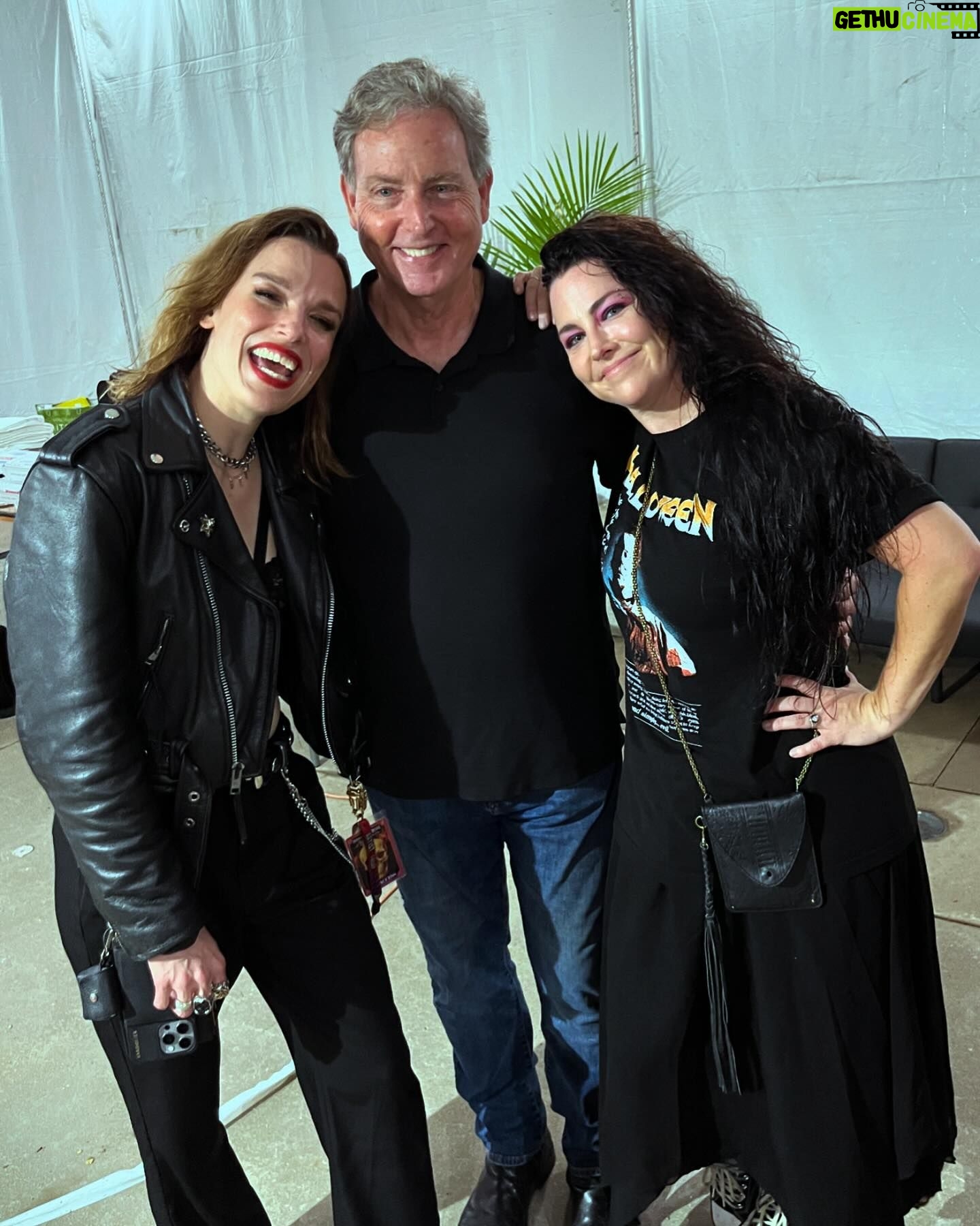 Amy Lee - 104.9K Likes - Rocklahoma was an epic adventure this year! Thanks to everyone for coming out and sticking out the heat AND torrential downpour that paused the day. And thanks to @halestormrocks for giving us a ride!
It was all so worth it in the end.
Image #1: Beth and Amy arrive like good girls on time for their flight
Image #2: Beth and Amy BAIL the airport with wild confidence after indefinite delays
Image #3: Party on the Halestorm bus (better than any fly day by x 1000000!)
Image #4: Big storm rolls in and sets are being crossed out and pushed back… 🙏
Image #5 Sweet, sweet victory
Image #6 Me, Lzzy, and my dad! ❤️