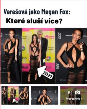 Andrea Verešová Instagram - “Poslední party v rámci Pražského Fashion weeku MBPFW si nenechala ujít Andrea Verešová (43). Jak už je její tradicí, oblékla se do velmi vyzývavých šatů, které byly korunkou na její neskutečné postavě. “
Tentokrát Andrea vynesla světoznámého návrháře Thierryho Muglera . 
Stejný model měla na sobě americká herečka  Megan Fox (38) na udílení cen Billboard Music Awards v roce 2021, kam doprovázela svého přítele, rappera Machine Gena Kellyho (34). “

Šaty tedy nejsou úplnou novinkou. 

 „ Manžel mi je koupil  před pár lety , ale až teď jsem si je odvážila obléct. Vyžadují odvahu a nebyla jsem si jistá jestli je veřejnost připravena. 
Každopádně, kdy jindy než na závěr týdne módy, kdy panovali třicítky a kde se nosí především výstřední a extravagantnejší modely. “

zdroj @blesk.cz @casopis_aha 
@mbpfw