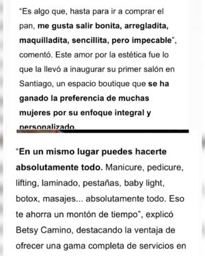 Betsy Camino Instagram - El sudor del guajiro hace la tierra soñar 🙏
Y mis sueños , mis bebés @byc_salon y @byc_salonalgarrobo son son una REALIDAD ! 

No solo brindaremos belleza en santiago … ahora también EN ALGARROBO !! Mañana sábado 7 estaré allá para hacer la inauracion OFICIAL en Av Dr Guillermo Muque 701 local 14 ! 
Gracias a @tiempoxcl mi @mauricioneiraaguilar por esta nota q otros medios replicaron !! 
Siempre siempre agradecida con chilito q me brinda oportunidades única de la mano de excelentes personas !!!! 
🥹🥹🥹🥹🥹🥹
Les dejo @byc_salonalgarrobo y @byc_salon para q vean los servicios y si nos siguen mejolllll ❤️😃