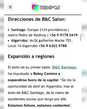 Betsy Camino Instagram - El sudor del guajiro hace la tierra soñar 🙏
Y mis sueños , mis bebés @byc_salon y @byc_salonalgarrobo son son una REALIDAD ! 

No solo brindaremos belleza en santiago … ahora también EN ALGARROBO !! Mañana sábado 7 estaré allá para hacer la inauracion OFICIAL en Av Dr Guillermo Muque 701 local 14 ! 
Gracias a @tiempoxcl mi @mauricioneiraaguilar por esta nota q otros medios replicaron !! 
Siempre siempre agradecida con chilito q me brinda oportunidades única de la mano de excelentes personas !!!! 
🥹🥹🥹🥹🥹🥹
Les dejo @byc_salonalgarrobo y @byc_salon para q vean los servicios y si nos siguen mejolllll ❤️😃