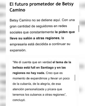 Betsy Camino Instagram - El sudor del guajiro hace la tierra soñar 🙏
Y mis sueños , mis bebés @byc_salon y @byc_salonalgarrobo son son una REALIDAD ! 

No solo brindaremos belleza en santiago … ahora también EN ALGARROBO !! Mañana sábado 7 estaré allá para hacer la inauracion OFICIAL en Av Dr Guillermo Muque 701 local 14 ! 
Gracias a @tiempoxcl mi @mauricioneiraaguilar por esta nota q otros medios replicaron !! 
Siempre siempre agradecida con chilito q me brinda oportunidades única de la mano de excelentes personas !!!! 
🥹🥹🥹🥹🥹🥹
Les dejo @byc_salonalgarrobo y @byc_salon para q vean los servicios y si nos siguen mejolllll ❤️😃