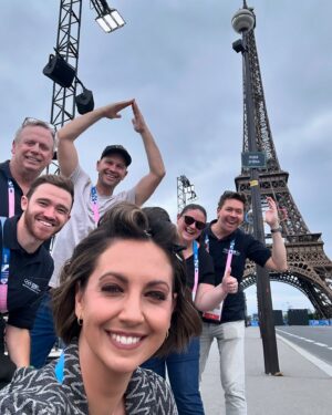Brooke Boney Instagram - I had friends come visit who I managed to squeeze in hugs and fun with in between doing crosses and spending time with the families of the athletes. @cstanaway shouted our team a family feast from French KFC on a 35 degree day in an hour between rugby matches at the Stade de France. I watched brothers and sisters cheer on their siblings even though they didn’t place because they were so frigging proud they got as far as they did. We took naps on the floor between broadcasts because we were glued to the coverage and couldn’t leave the compound because security was so tight 🇫🇷