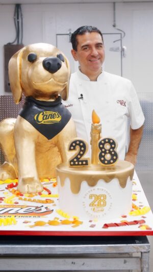 Buddy Valastro Instagram - Happy Golden Birthday to @raisingcanes and congratulations @toddgraves! We celebrated the milestone of turning 28 on 8/28 by recreating @raisingcane3 as a golden cake. Check it out! #caniacambassador #paidpartnership