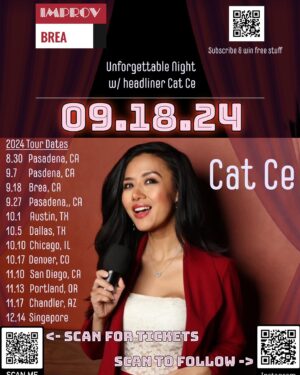 Cat Ce Instagram - 3 shows @theicehousecc 🧊8/30, 9/7, 9/27 🎤New dates added 10/5 @dallascomedyclub 👍10/10 @riddlescomedyclub 👏10/17 @thedenverimprov ❤️ 11/13 @heliumcomedypdx 🙌#heycatce  #comedy #jokesonme #standupcomedy#asianamericancomedian #funny 

Show dates: 
8/26 Hollywood The Yard 
8/30 🧊the ice house Pasadena 
9/7 🧊the ice house Pasadena 
9/18 Brea Improv Orange 🍊 County 
9/27🧊The  ice house Pasadena
10/1  Cap City Austin Texas 
10/5 Dallas Comedy club 
10/10 Riddles Comedy Chicago 
10/17 Denver Improv 
10/23 😺The Mad House Comedy San Diego 
11/10 Mic Drop San Diego 
11/13 Helium Comedy Portland OR
11/17 Mic Drop Arizona 
12/14 Singapore 

Subscribe here to win free tickets & merch 
https://beacons.ai/catce