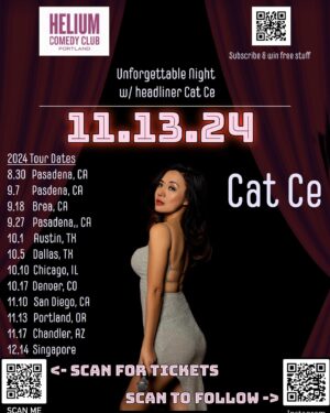Cat Ce Instagram - 3 shows @theicehousecc 🧊8/30, 9/7, 9/27 🎤New dates added 10/5 @dallascomedyclub 👍10/10 @riddlescomedyclub 👏10/17 @thedenverimprov ❤️ 11/13 @heliumcomedypdx 🙌#heycatce  #comedy #jokesonme #standupcomedy#asianamericancomedian #funny 

Show dates: 
8/26 Hollywood The Yard 
8/30 🧊the ice house Pasadena 
9/7 🧊the ice house Pasadena 
9/18 Brea Improv Orange 🍊 County 
9/27🧊The  ice house Pasadena
10/1  Cap City Austin Texas 
10/5 Dallas Comedy club 
10/10 Riddles Comedy Chicago 
10/17 Denver Improv 
10/23 😺The Mad House Comedy San Diego 
11/10 Mic Drop San Diego 
11/13 Helium Comedy Portland OR
11/17 Mic Drop Arizona 
12/14 Singapore 

Subscribe here to win free tickets & merch 
https://beacons.ai/catce