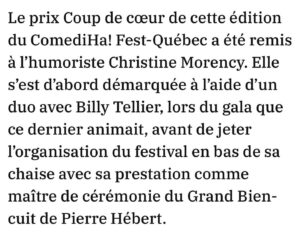 Christine Morency Instagram - Quelle soirée! 🔥 

J’en reviens pas encore de la magie qu’il y a eu ce soir-là. Vous étiez EN FEU! 

J’ai failli brailler dans les 15 premières secondes tellement l’accueil était touchant! 

CR*SS que je vous aime! 

Pierre en a mangé toute une pis ça, c’était un de mes plus grands rêves! ✅ 😂❤️

Merci à mes ami.es, mes collègues, pour les nombreux fous rires!

Et merci mon Pipi d’amour d’avoir été si bon joueur 🫶

Ceci dit, le succès de ce show-là c’est aussi beaucoup grâce à un paquet de monde derrière l’écran! 

Un ÉNORME merci à :

Étienne Marcoux, Virginie Chauvette, Yan Bilodeau et Justine Philie pour l’aide avec les DÉLICIEUSES blagues!

Sophie Manzerolle pour ma face.
Dannie pour ma coiffe et le magasinage d’urgence!

Nadia, ma gérante, pour toute. Tout le temps. #RedBullJaunePourSurvivre

Mathieu Caron pour l’incroyable création. C’est tellement doux de savoir que des designer comme toi ont pas peur de faire du linge sexy pour des femmes qui ont mon casting! 💃

Toute l’équipe du @comediha pour l’organisation, les conseils et la confiance! 💜💛💜

J’ai hâte que vous puissiez écouter tout ça, ce printemps, sur tva! 🥳