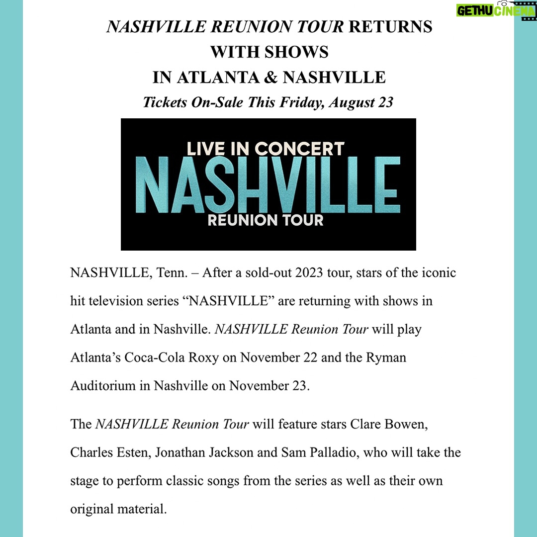 Clare Bowen - 1.4K Likes - We’re so excited to see you all! ⚡️❤️⚡️
✧˖° www.nashvillereuniontour.com ✧˖°
#pressrelease #nashvillereuniontour #charlesesten #clarebowen #jonathanjackson #sampalladio #ryman #rymanauditorium #nashvillecmt #nashvilleabc #cocacolaroxy #bowenyoung #colinlinden #countrymusic #americana