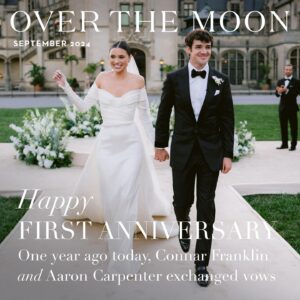 Connar Franklin Instagram - #OTMExclusive 💍 Our September cover is here, featuring #OTMBride @connarfranklin and @aaroncarpenter’s wedding—which took place exactly one year ago today at George Vanderbilt’s @biltmoreestate. 🥂 Connar and her father walked down the 200-foot-long aisle, as a 20-piece orchestra 🎻 played “Invisible String” by @TaylorSwift. “I was freaking out walking down in front of everyone, but the second I saw Aaron, it felt like it was just us two,” the bride reflects. “There was a moment when my leg almost gave out. I broke my toe two-and-a-half hours before, but I insisted on wearing my four-inch heels. It was a challenge but nothing a little numbing cream and love in the air couldn’t fix!”🩹🤍

Stay tuned as Connar is taking over our IGS later today, and go to the 🔗 in bio to see more of her and Aaron’s wedding. 

📷: @josevilla
Planning: @samkoma.world
📍: @biltmoreestate
Beauty: @jentioseco @flawlessairbrush @tombachik
💌: @katewisemancreative
Decor: @whitedoorevent
Watercolor Artist: @alyssa_faye_simpson
🎶: @entertainofficial

#OTMWedding #wedding #thebiltmoreestate #biltmoreestate #biltmorewedding #northcarolinawedding #weddinginspiration #eliesaab #daniellefrankel  #connarfranklin #aaroncarpenter #camerondallas