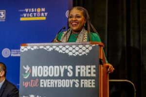 Cori Bush Instagram - The struggles for Black & Palestinian liberation are deeply connected. 

Grateful to @marclamonthill, @RashidaTlaib, @Ruwa4Georgia, & @mehdirhasan for joining yesterday’s panel on Black & Palestinian solidarity & our collective liberation.