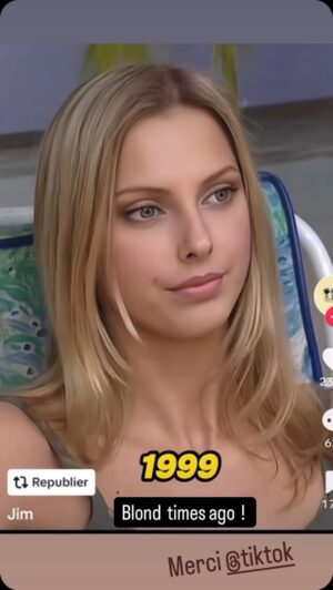 Frédérique Bel Instagram - Merci TikTok, c’est très sympa. Après ils se sont un peu gouré sur les dates. Mais oui ma vraie couleur c’est le blond.😉 #blond