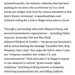 Haley Webb Instagram - Thank you @MahershalaAli @ilana @cynthiaenixon @markruffalo and the entire @artists4ceasefire Collective   Team for representing performers, artists, and guild members of conscience. Thank you for using your platforms to speak out. 

All of us, no matter where we fall in the entertainment industry, have the right and the moral imperative to do so, and to organize our colleagues and Union leaders to do the same. Our country has the power, but also the obligation to stop arming Israel under domestic and international law. 

To our fellow SAG-AFTRA and Sister Guild members: you are not alone. From A-listers to working actors and film workers, we are organizing for change, for justice, for Palestine. Read the @variety article and check out the long list of your colleagues speaking up at Artists4Ceasefire.org. 

And join us, @sagaftramembersforceasefire in demanding our @sagaftra Union leadership break their silence - sign our letter in our bio, and DM or email us to get involved in organizing. 

#stoparmingisrael
#notanotherbomb
#PermanentCeasefireNow
#StopWeaponsSaveLives
#freepalestine 
#Artists4Ceasefire

From @artists4ceasefire 

We stand with international humanitarian and human rights organizations, unions, policymakers, grassroots movements, a majority of Americans, and citizens around the world calling on our leaders to uphold U.S. and international law.*

It is illegal to supply or use weapons to commit “grave human rights violations,” including striking schools or hospitals, restricting humanitarian aid, and killing children.

In partnership with @oxfamamerica, @actionaidusa, @warchilduk and @childreninconflict, Artists4Ceasefire stands for an immediate and permanent ceasefire now, the release of all hostages, delivery of humanitarian aid, and freedom, justice, dignity and peace for all people.

The “Barb Wire Peace Dove,” by renowned artist Shepard Fairey, (@obeygiant) represents our common humanity, and the action needed to save precious
Stop Weapons. Save Lives. Compassion Must Prevail.

*Foreign Assistance Act, Arms Export Control Act, Geneva Conventions of 1949