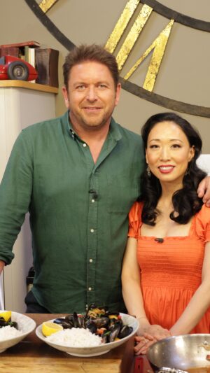 Judy Joo Instagram - Be sure to watch James Martin’s Saturday Morning on Sept 7th (UK) to see me cook, eat, and chat alongside chefs Galton Blackiston and Jason Atherton @chefgaltonb @_jasonatherton and presenter Jules Hudson @thejuleshudson.
.
Be sure to look up my super easy and quick recipe for Korean spiced mussels with bacon. So simple yet packed full of deliciousness! 
Thank you @toryburch for my gorgeous dress! 
.
@itv @itvxofficial 
@JamesMartinChef / @SaturdayJamesMartin
.
#chef #cheflife #korea #korean #koreanfood #cookingshow #judyjoo #seafood #mussels #chefsofinstagram #chefs 
#jamesmartin