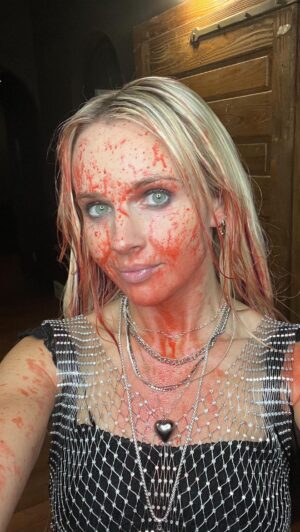 Kimberley Crossman Instagram - @deathgasm2 

Ever wondered how we keep blood continuity when filming so the blood matches in every scene ... there is a real art to it. 😅

The blood is a sugary substance so it sticks in place (and to everything 😅) 

Thanks @jasondetheridge for your epic work on this film! 

#bts
#horrorfilmbts