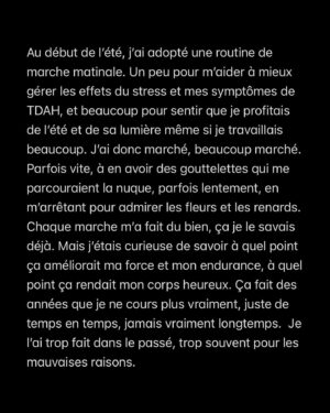 Loounie Instagram - Pour toutes les personnes qui croient encore que la marche, « ça ne compte pas ». 😌✌🏻

(Je me sens vraiment privilégiée d’avoir trouvé une activité physique que j’aime autant, et aussi d’avoir un horaire flexible qui me permet de la prioriser. Et je suis fière de moi! 💕)
