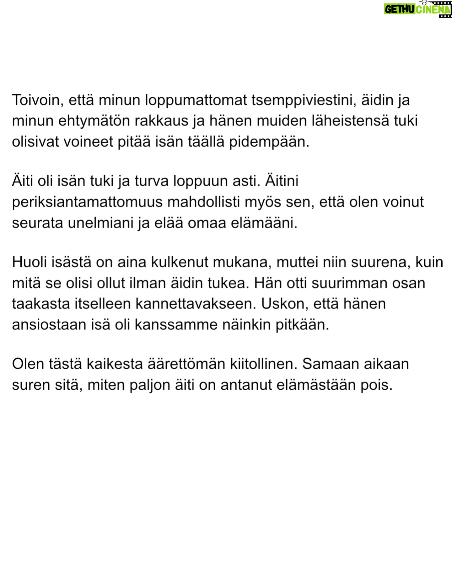 Maria Veitola - 30.1K Likes - Eilen kuulitte Tapio Suomisen ex-vaimon ja lapsen äidin, Birgitin kokemuksen siitä, millaista on elää kaksisuuntaista mielialahäiriötä sairastavan vierellä ja yrittää pitää tätä hengissä.
Kaksisuuntaisille mielialahäiriöille on ominaista vaihtelevin välein toisiaan seuraavat sairauden pahenemisjaksot joihin voi liittyä aistiharhoja tai harhaluuloja.
Mielen ylivirittymistila eli mania ja depressiojaksot vuorottelevat ja ne aiheuttavat monenlaisia lieveilmiöitä, kuten velka,- päihde- ja peliriippuvuusongelmia. Usein ikääntymisen myötä depression osuus sairaudenkuvassa korostuu.
Sairaudessa voi olla myös vähäoireisia tai kokonaan oireettomia jaksoja.
Tänään äänen saa Birgitin ja Tapion yhteinen lapsi, Siiri.
Hän kertoo millaista on, kun turvallinen vanhempi muuttuu joksikin ihan muuksi.
Kuka hoitaa perheen, kun joku sairastuu?
Miten kasvaa aikuiseksi ja oppia luottamaan siihen, että elämä kantaa - kun se ei kantanut isääkään?